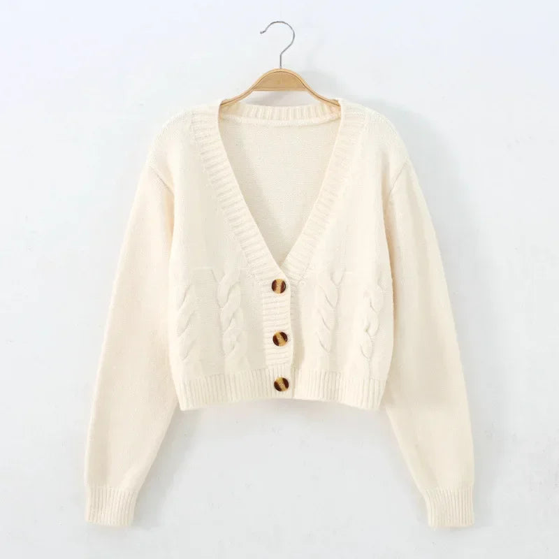 HELIAR V Neck Cropped Cardigan Women Long Sleeve Twist Knitted Sweater Coat Fall Winter Keep Warm Korean Fashion Jacket Cardigan