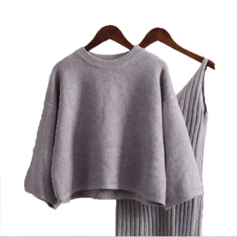 Loose Sweater Set Women's Fashion Two-piece Skirt 2023 Spring And Autumn Solid Color Student Pullover