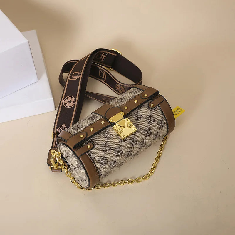 Women’s Wide Shoulder Strap Bag - Retro Designer Cylinder Crossbody Sling Handbag