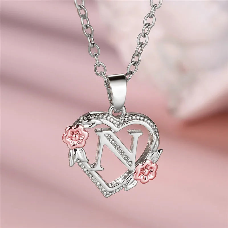Cute A-Z Letter Flower Pendant Necklace for Women