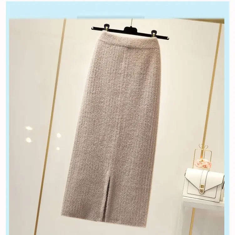 Mink velvet skirt female autumn and winter mid-length knitted one-step skirt split straight winter skirt casual solid long skirt