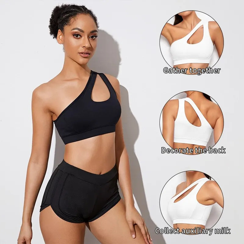 One-Shoulder Push-Up Sports Bra, Shockproof, for Yoga and Fitness. Black and White