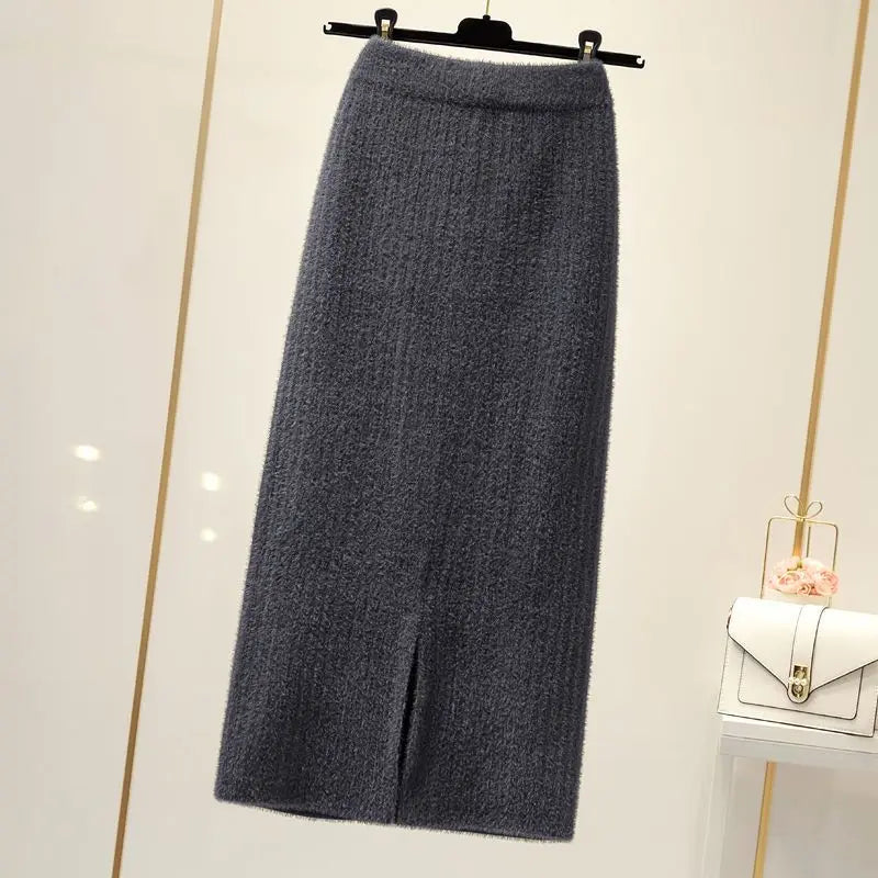 Mink velvet skirt female autumn and winter mid-length knitted one-step skirt split straight winter skirt casual solid long skirt