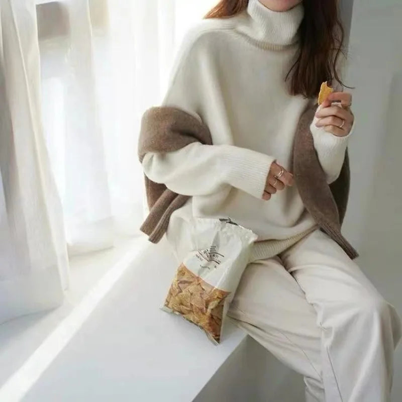High necked sweater women thick and loose fitting French top knitted bottom sweater autumn and winter