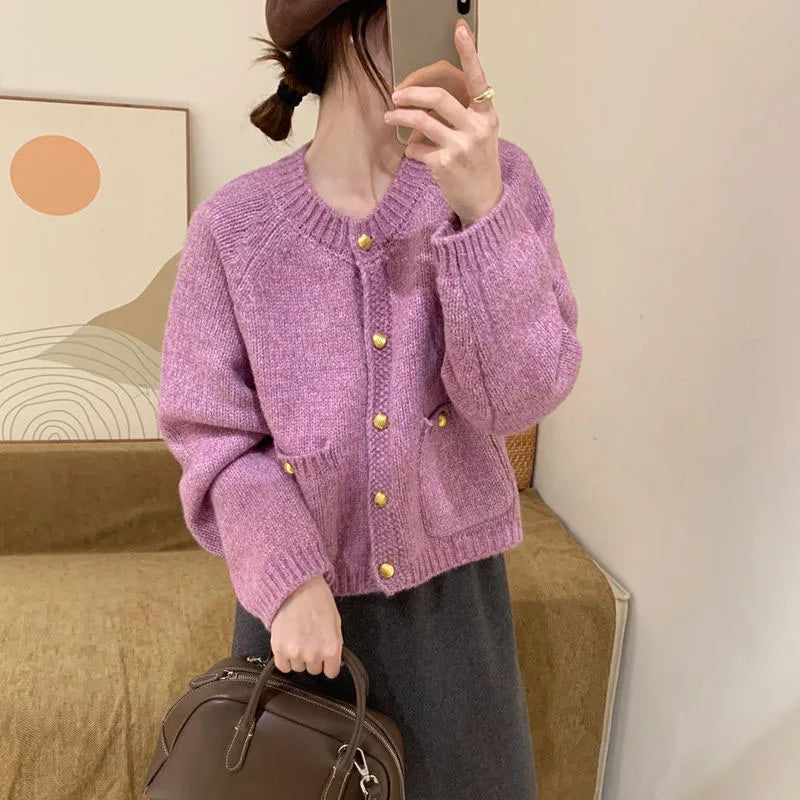 Gold Button Sweater Cardigan - Versatile Winter Top for Women