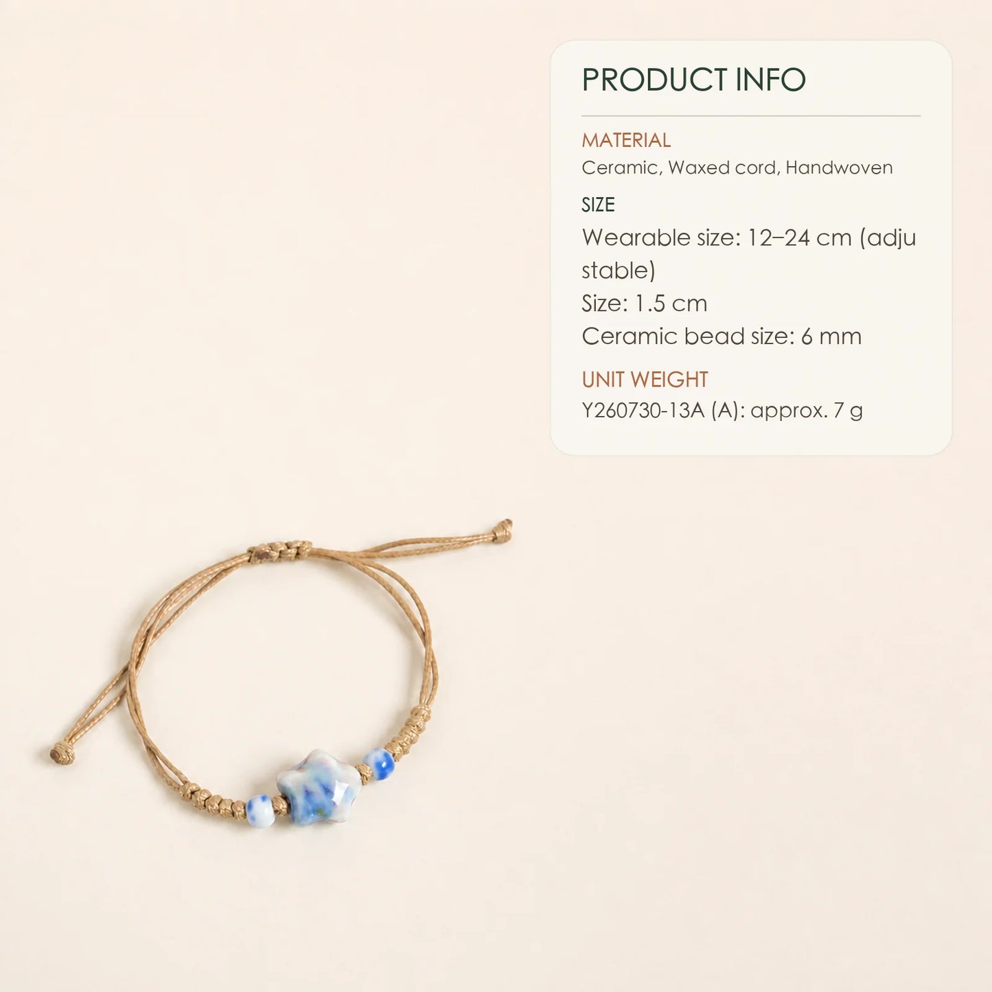 Handmade Blue & Green Star Ceramic Bead Bracelet – Adjustable Woven Wax Cord Artisan Jewelry
