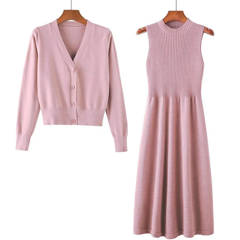 New Spring and Autumn Long-Sleeved V-Neck Two-Piece Sweater Dress Set with Loose Knit Cardigan for Women