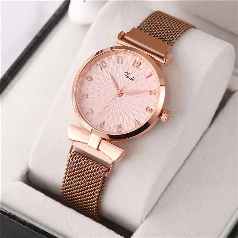2PCS Set Women's Watch Set Trendy Pink Design Mesh Belt Alloy Wristwatch Fashionable Timepiece Quartz Watch Lady