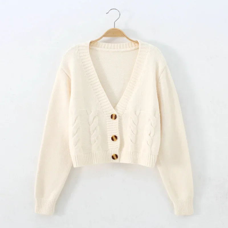 HELIAR V Neck Cropped Cardigan Women Long Sleeve Twist Knitted Sweater Coat Fall Winter Keep Warm Korean Fashion Jacket Cardigan