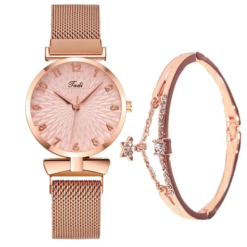 2PCS Set Women's Watch Set Trendy Pink Design Mesh Belt Alloy Wristwatch Fashionable Timepiece Quartz Watch Lady