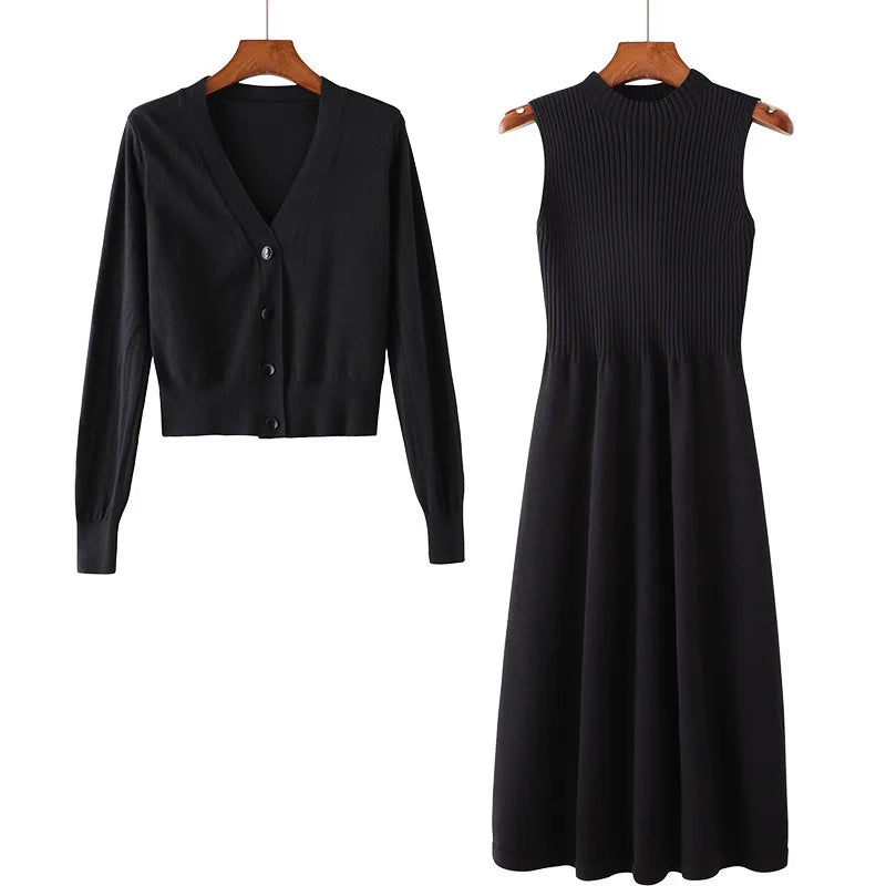 New Spring and Autumn Long-Sleeved V-Neck Two-Piece Sweater Dress Set with Loose Knit Cardigan for Women