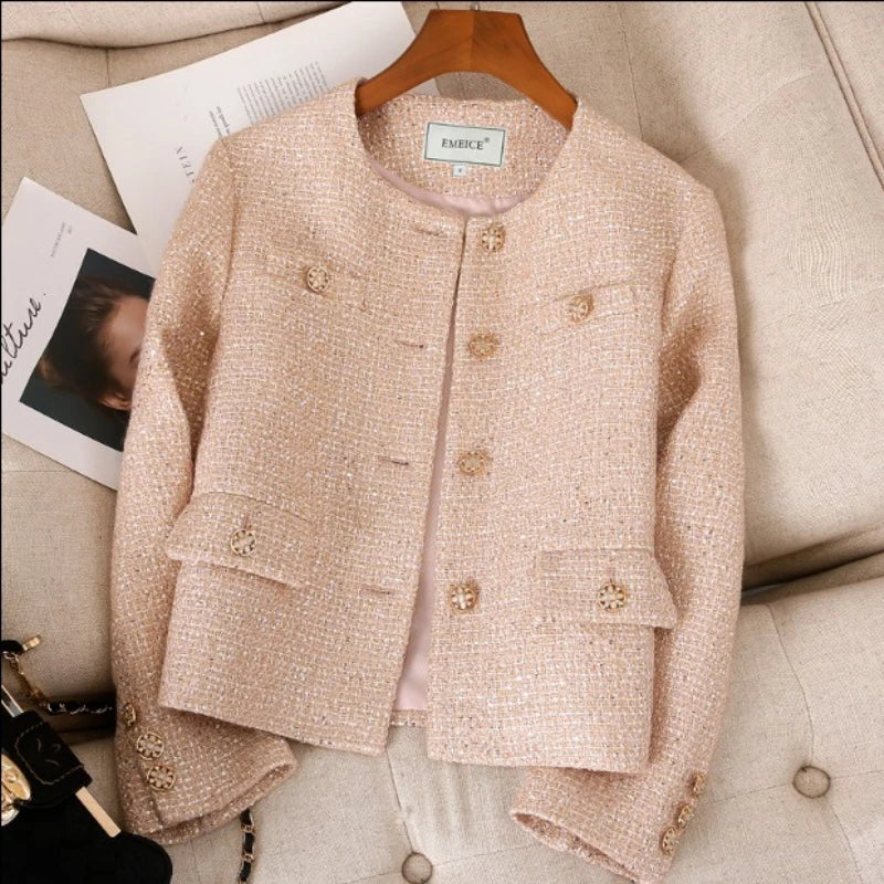 Fall Winter French Tweed Wool Pink Jacket Coat for Women, Chic High-End Outerwear