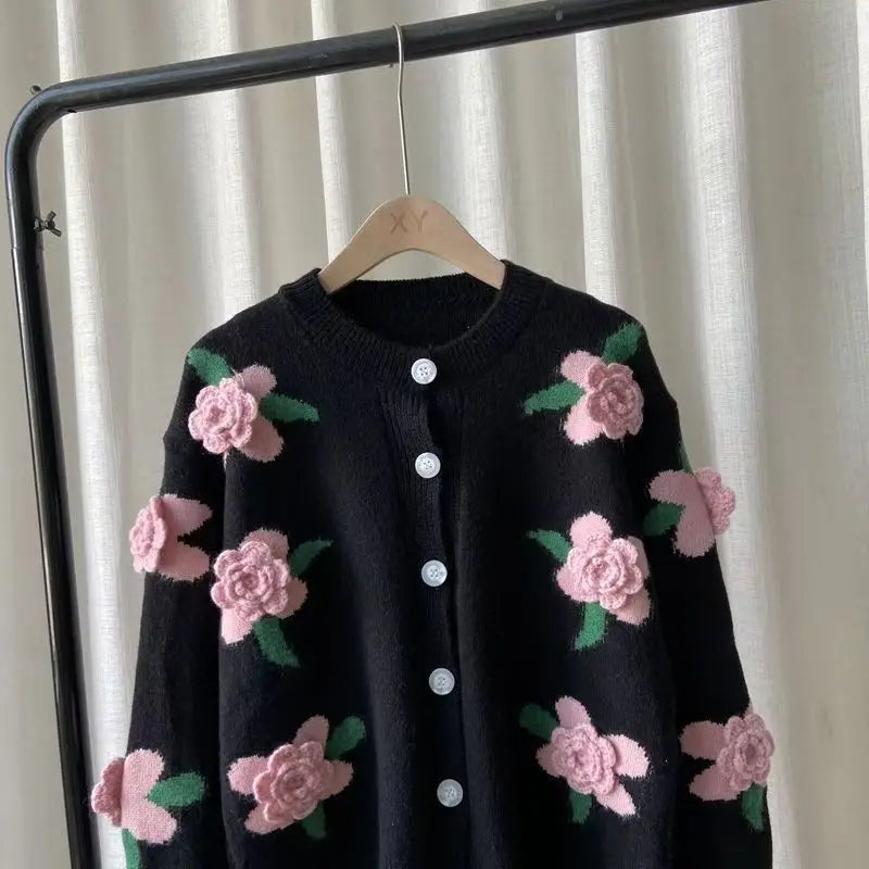 Casual Sweater Female 2025 Cardigan Women Sweater Loose Outer Coat Long Sleeve 3D Flower Round Neck Knitted Cardigan Female