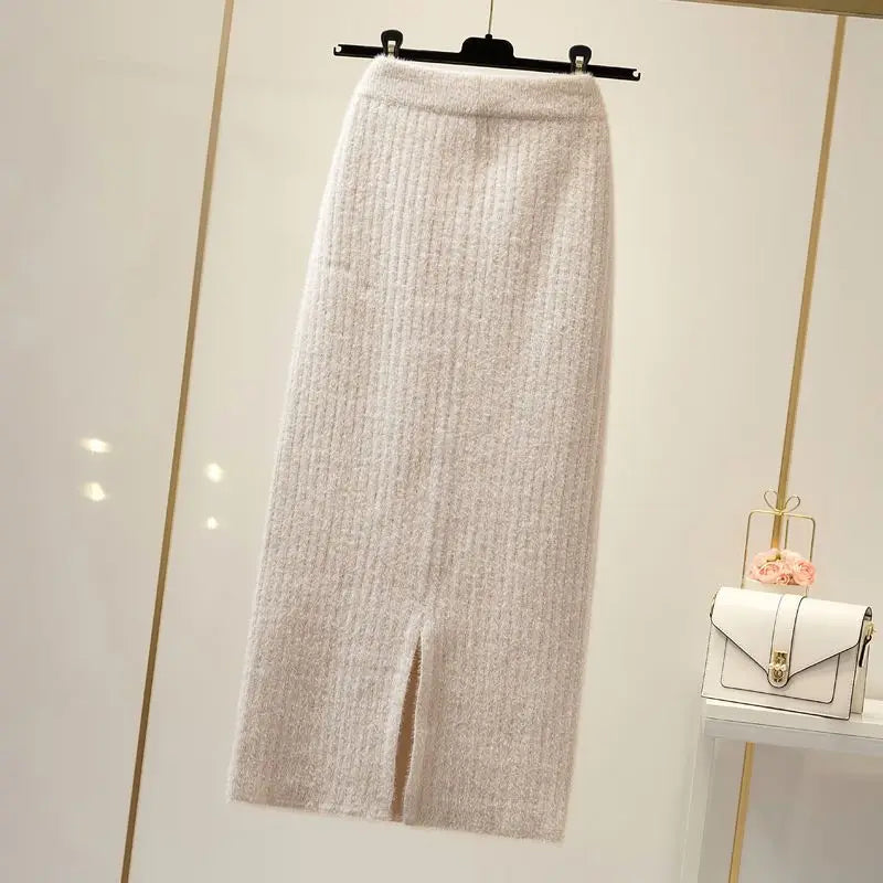 Mink velvet skirt female autumn and winter mid-length knitted one-step skirt split straight winter skirt casual solid long skirt