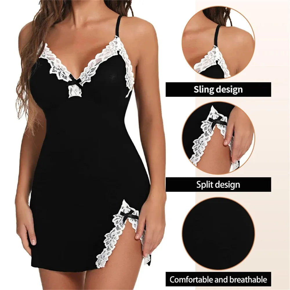 Sexy lace satin nightgown with V-neck and split hem, soft and sleeveless