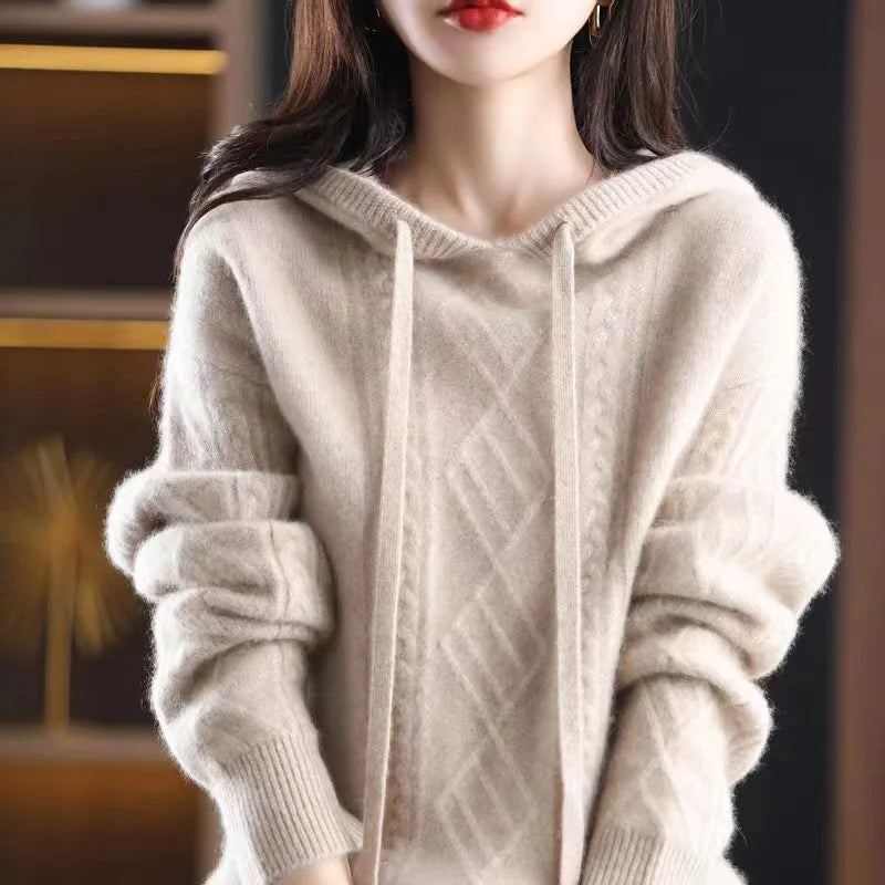 Pullover autumn and winter 2025 hooded knitwear fried dough twist sweater long sleeve women loose pullover knitting sweater
