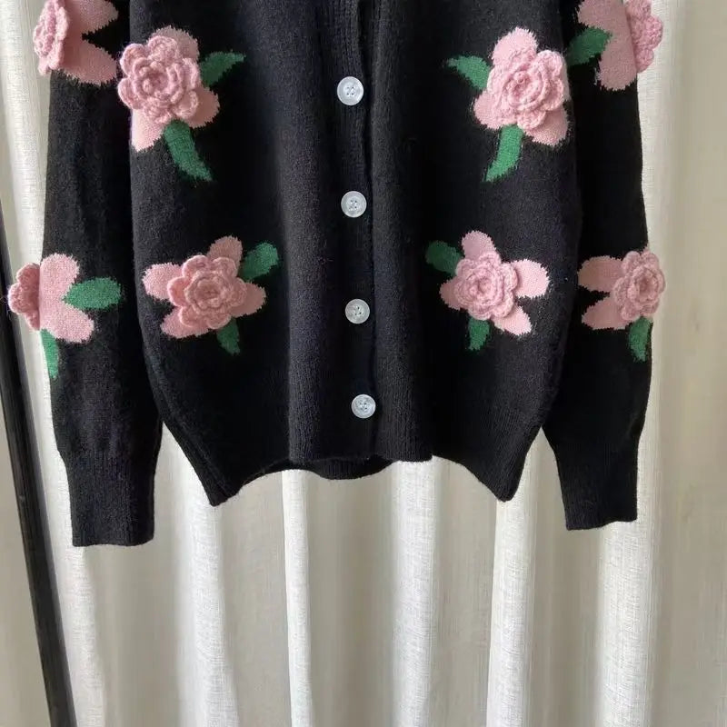 Casual Sweater Female 2025 Cardigan Women Sweater Loose Outer Coat Long Sleeve 3D Flower Round Neck Knitted Cardigan Female