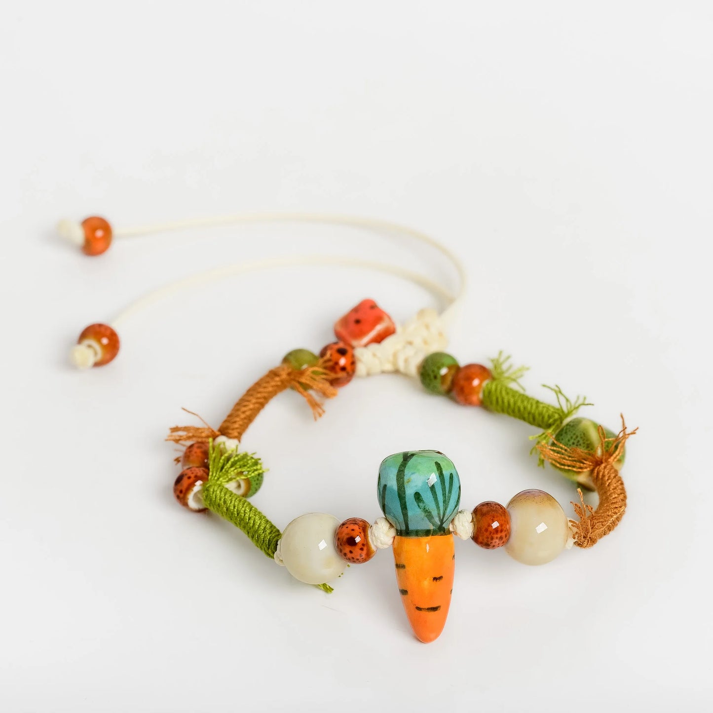 Handmade Ceramic Vegetable Bracelet – Corn & Carrot Braided Wax Cord Boho Jewelry for Women