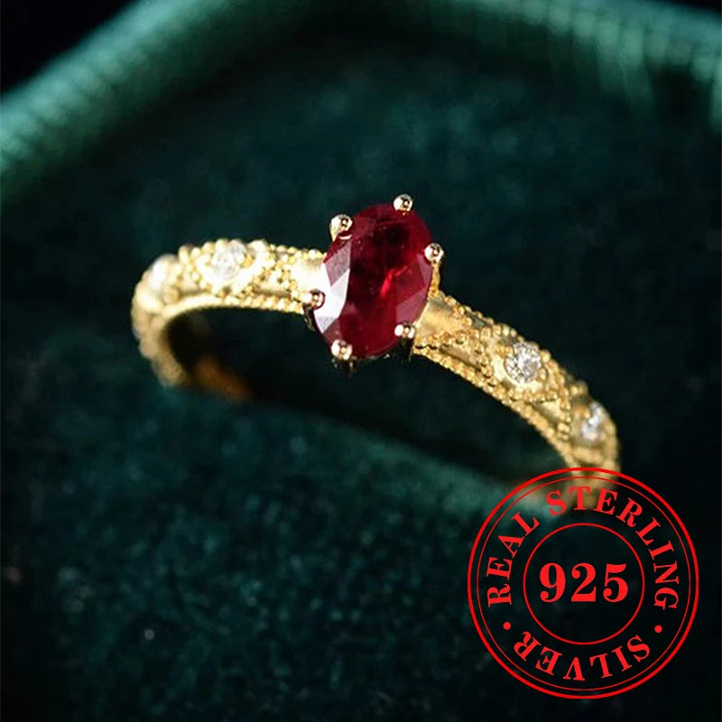 Sterling Silver Oval Ruby Red CZ Luxury Ring - Gold Color Engagement Jewelry