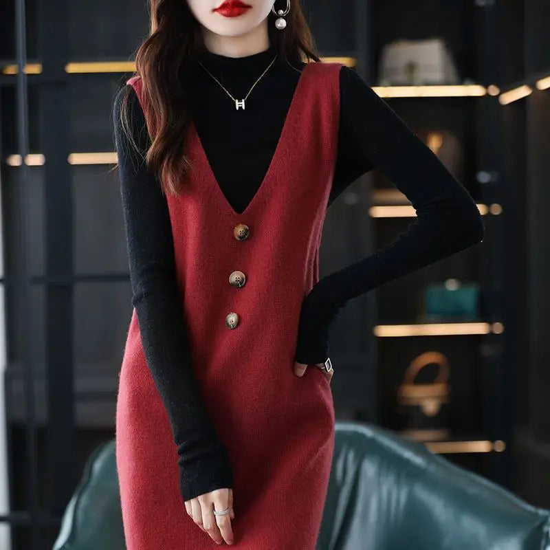 Pullover knitted vest skirt long V-neck casual loose sweater solid 2025 autumn and winter knitted sleeveless women vest sweater