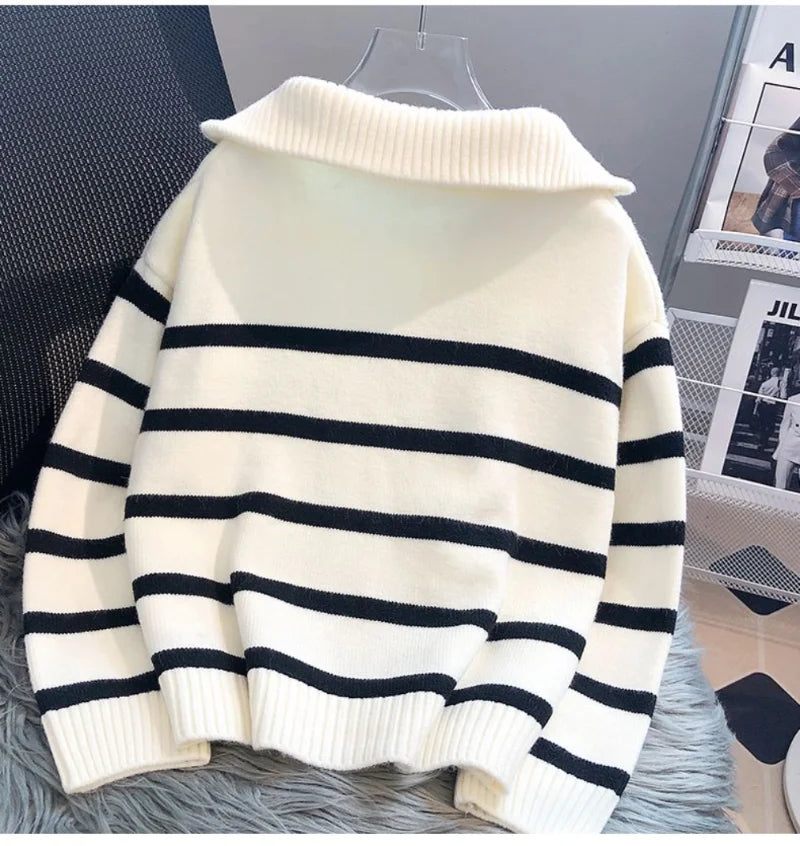 2025 Women’s Zipper Stripe Pullover Sweater - Short Style, Spring/Autumn