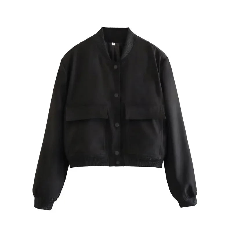 Stylish white bomber jacket for women with buttons, long sleeves, and a cropped design. Perfect for autumn and winter.
