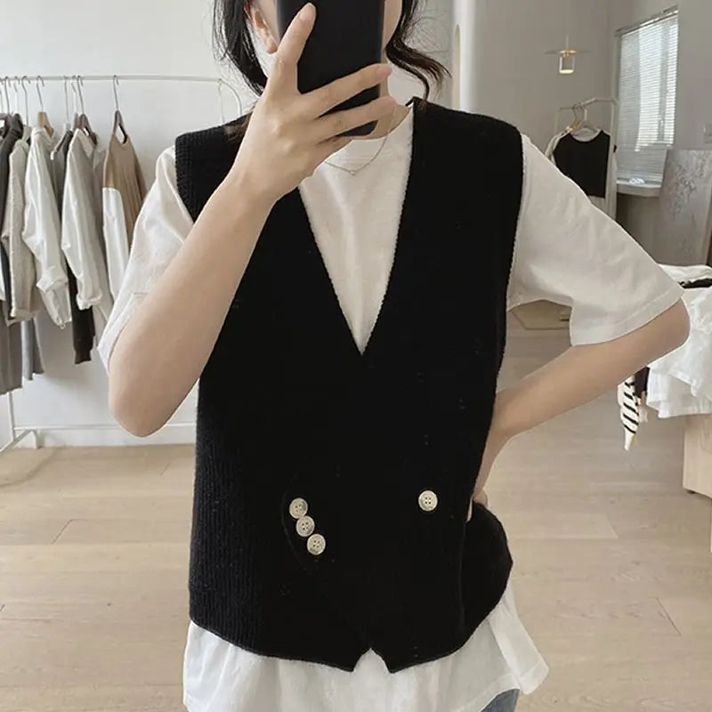 Women's Spring and Autumn New Loose, Simple, Slim, and Small Style V-neck Knitted Tank Top