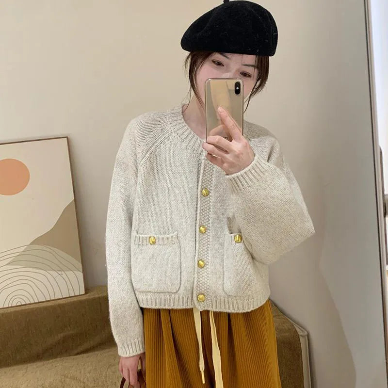 Gold Button Sweater Cardigan - Versatile Winter Top for Women