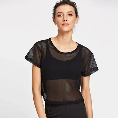 Quick-Dry Women’s Mesh Yoga Shirt, Sexy Short Sleeve, Comfortable for Workouts and Running