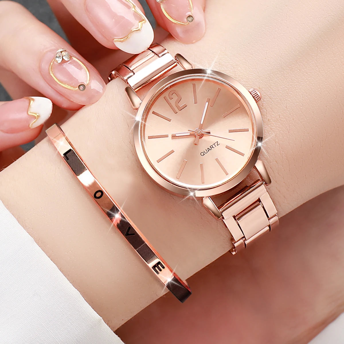 Women's Gold Steel Band Quartz Watch & Cuff Bracelet Set – 2PCS Fashion Wristwatch