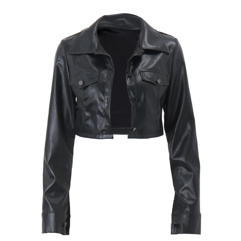 Autumn Faux Leather Short Jacket, Y2K Turn-down Collar, Button Decoration, PU Coat, Grunge Street Casual