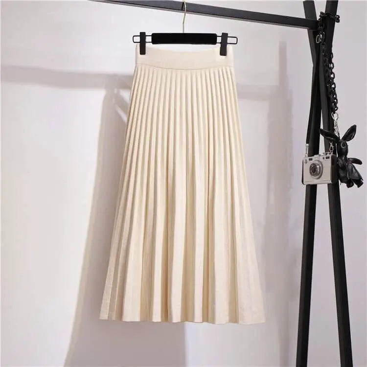 Knitted skirt women mid-length spring and autumn new 2025 elastic high waist thin a-line wool solid pleated long skirt female