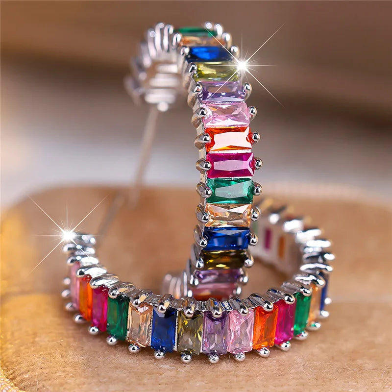 Luxury Rainbow Zircon Clip Earrings for Women,