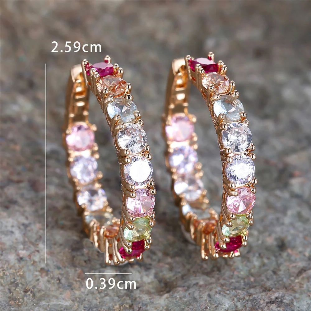Luxury Crystal Pink Red Rainbow Zircon Round Hoop Earrings - Gold Color Wedding Jewelry for Women"