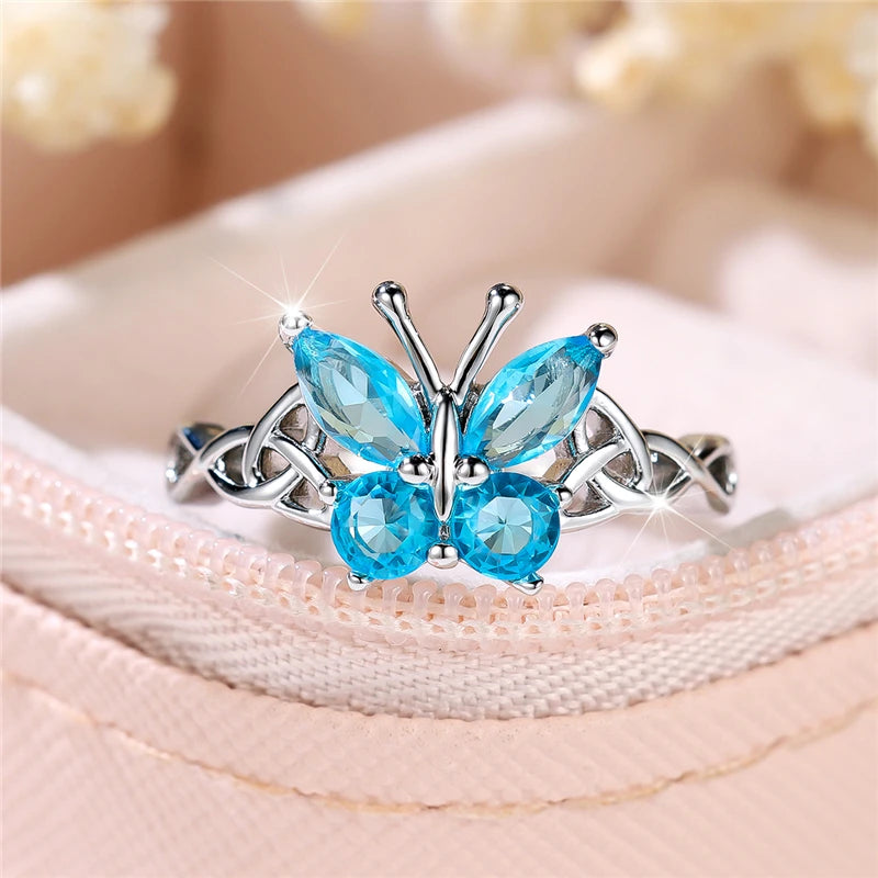 Luxury Blue Zircon Butterfly Engagement Ring for Women