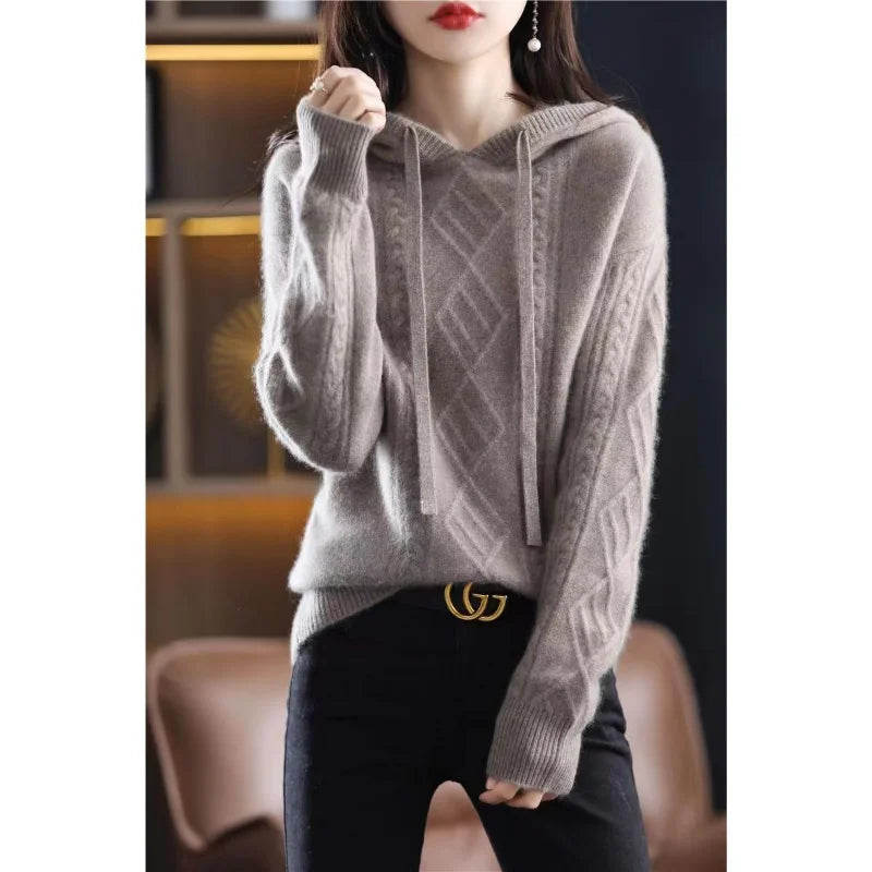 Pullover autumn and winter 2025 hooded knitwear fried dough twist sweater long sleeve women loose pullover knitting sweater