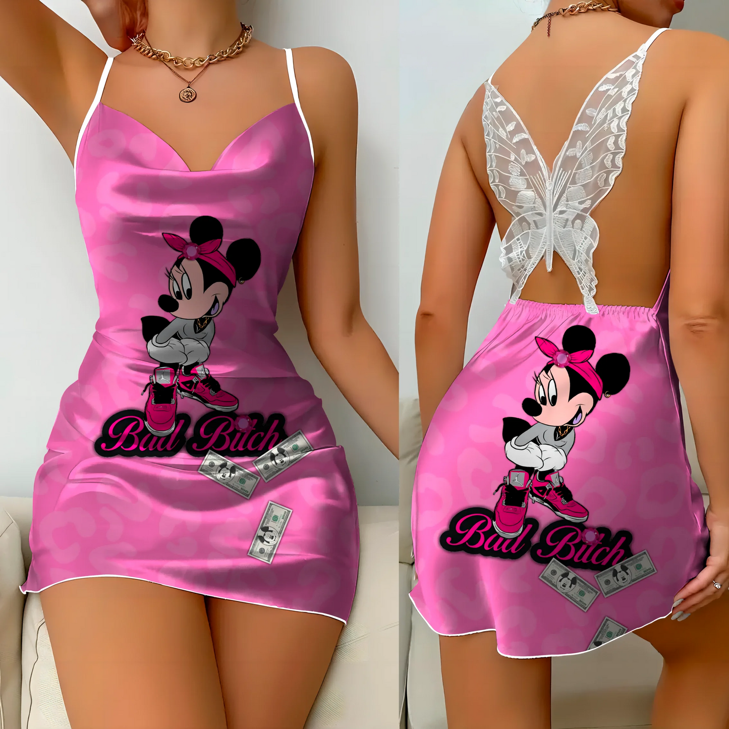 Satin mini dress with bow knot, featuring Minnie and Mickey designs