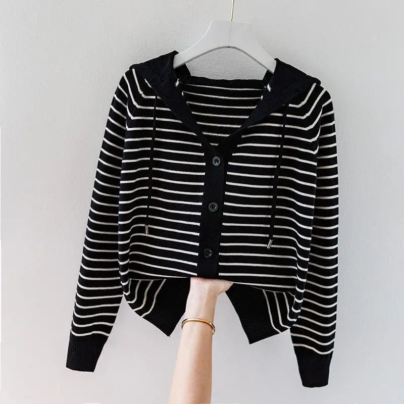 Autumn/Winter New Hooded Knit Cardigan Sweatshirt Western Loose Striped Hooded Top