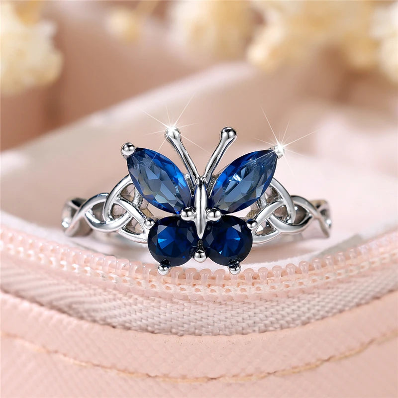Luxury Blue Zircon Butterfly Engagement Ring for Women