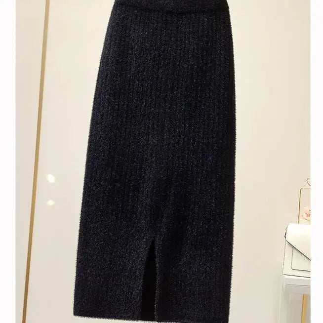 Mink velvet skirt female autumn and winter mid-length knitted one-step skirt split straight winter skirt casual solid long skirt