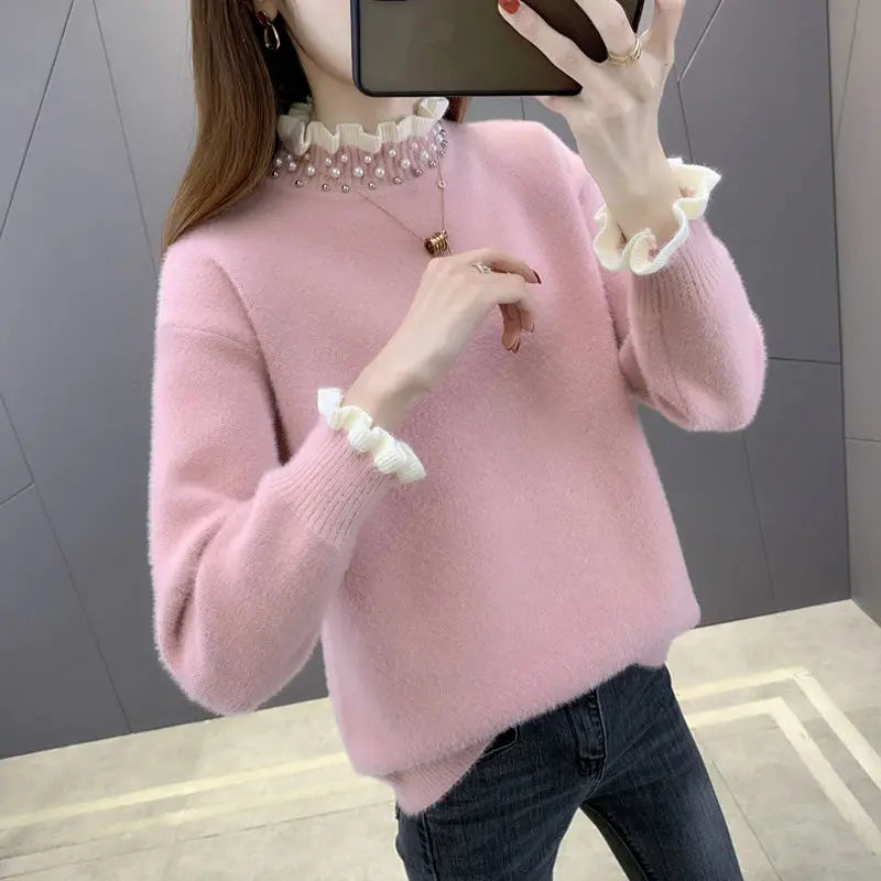 Autumn/Winter Thick Ribbed Knit Pullover Sweater for Women