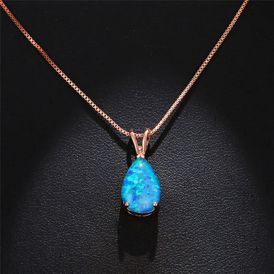 Boho Blue Opal Drop Necklace - Rose Gold