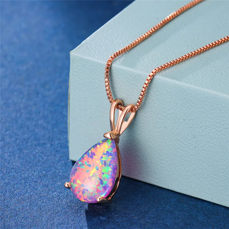 Boho Blue Opal Drop Necklace - Rose Gold