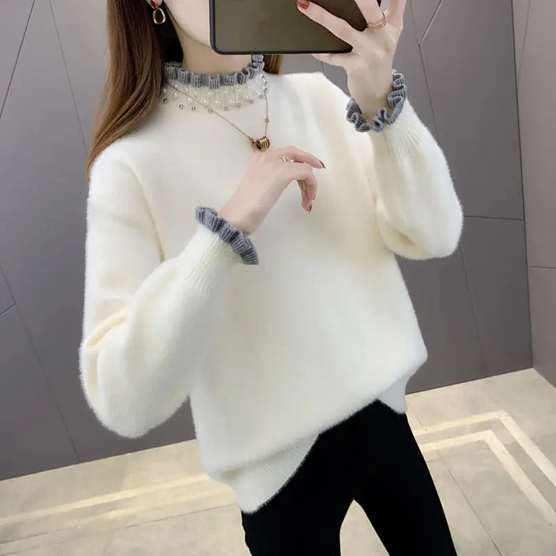 Autumn/Winter Thick Ribbed Knit Pullover Sweater for Women