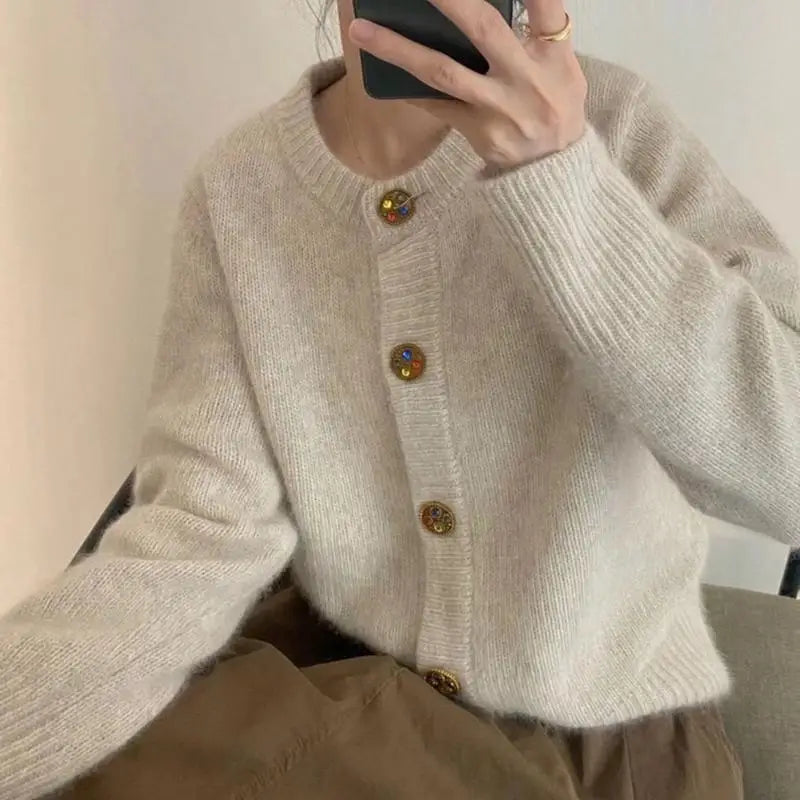 "Women's Long Sleeve Solid Color Knit Cardigan - Loose Fit, Western Style"