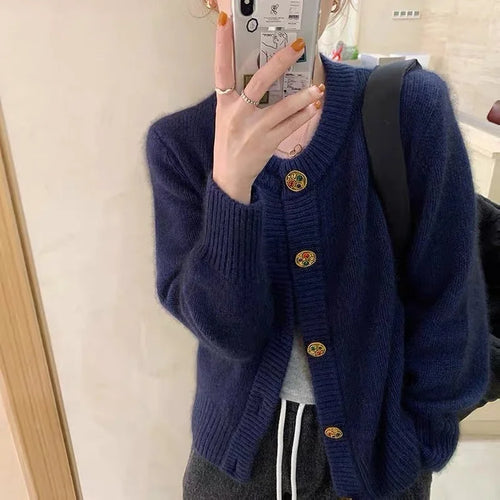 "Women's Long Sleeve Solid Color Knit Cardigan - Loose Fit, Western Style"