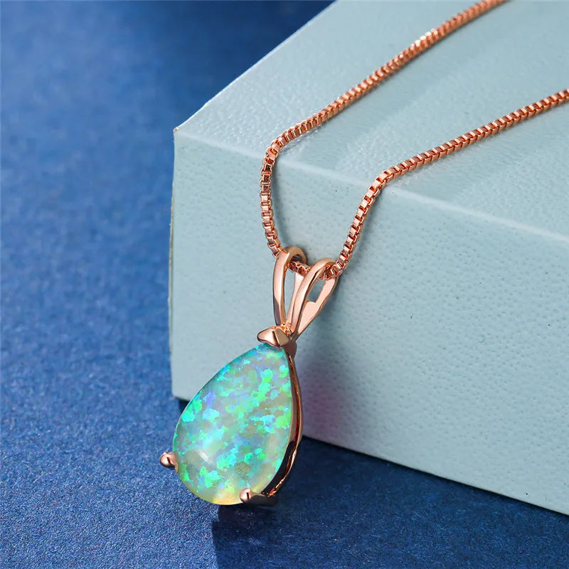 Boho Blue Opal Drop Necklace - Rose Gold