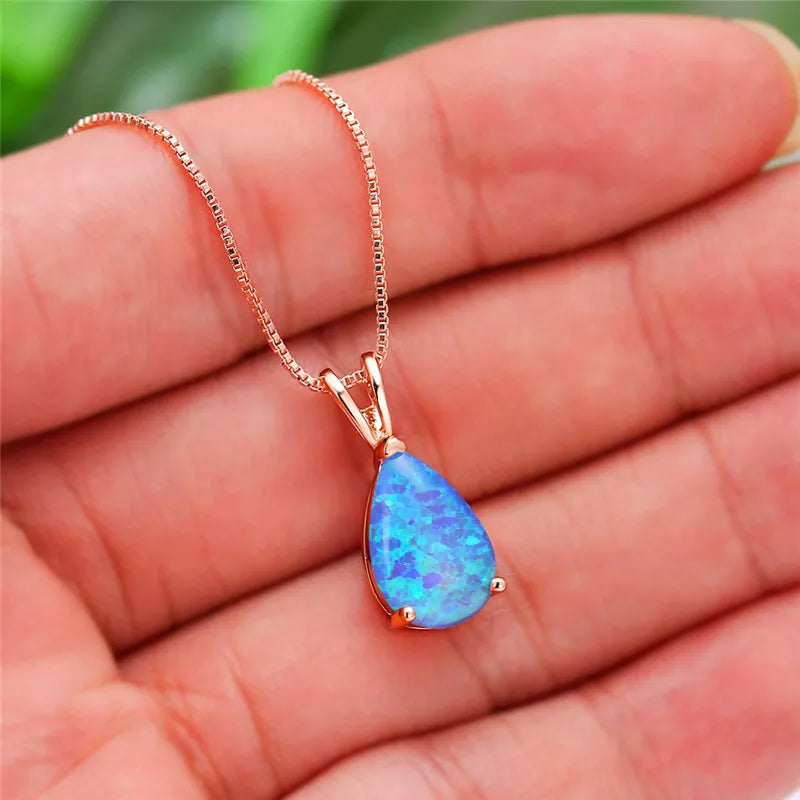 Boho Blue Opal Drop Necklace - Rose Gold