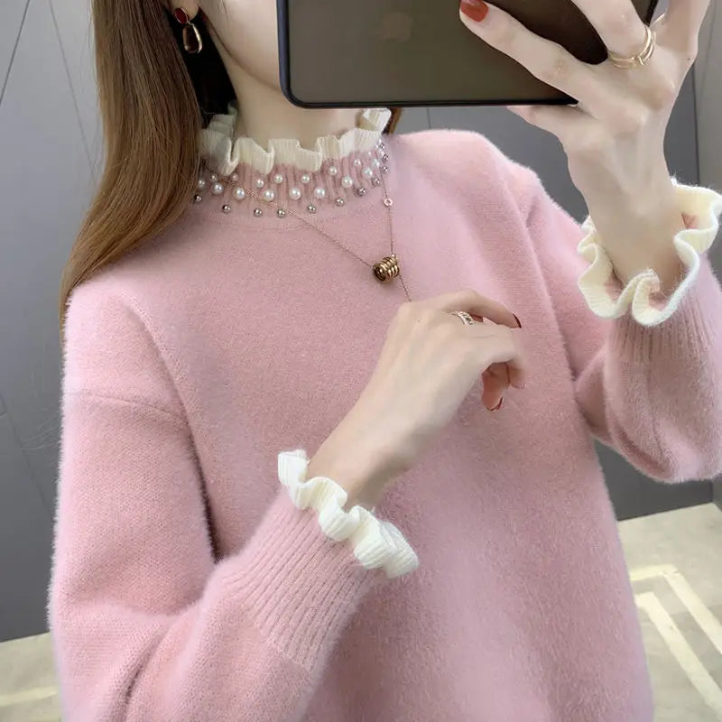 Autumn/Winter Thick Ribbed Knit Pullover Sweater for Women