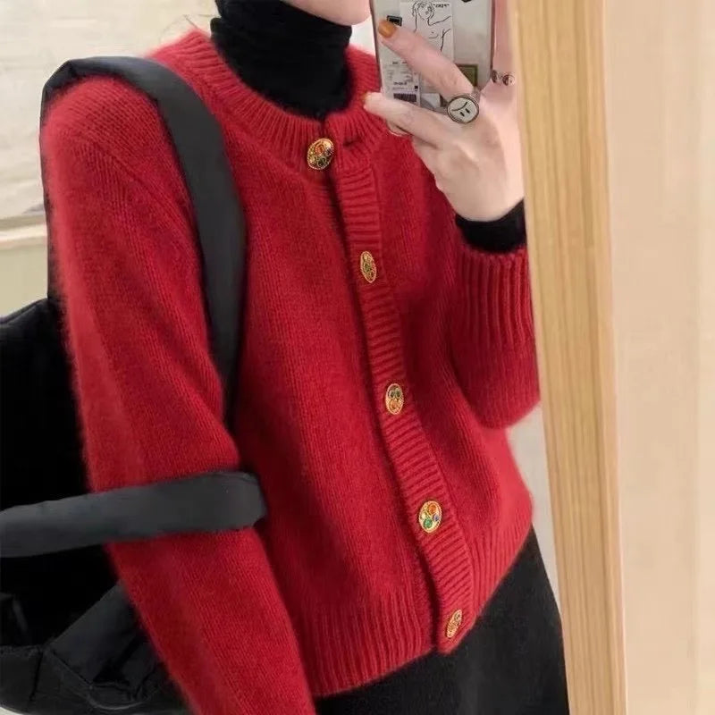 "Women's Long Sleeve Solid Color Knit Cardigan - Loose Fit, Western Style"